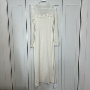 Commense Dress Women's XS Wool-Blend 3D Flower Lettuce Trim Sweater Ivory Maxi